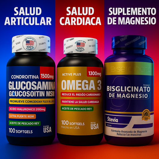 OFERTA LIMITADA HOY 💪🔥 3 Poderosos Aliados para tu Salud Total 🧠❤️Omega+ Bisglicinato+ Glucosamina🚚 Envío Gratis 💵 Paga al recibir